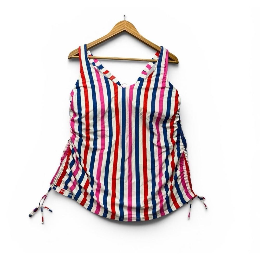 Lands End Womens Tankini Top 16W Blue Red Pink Stripe Swim Cinched Underwire